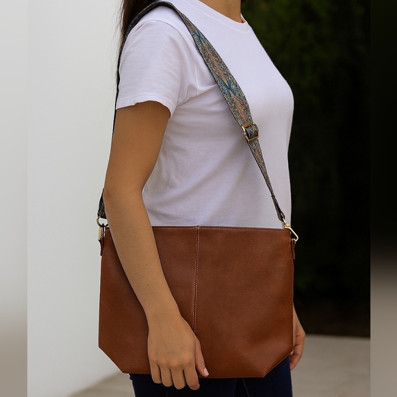 Unisex Dark Brown Tote Bag With Patterned Boho Strap - Picture 13 of 13